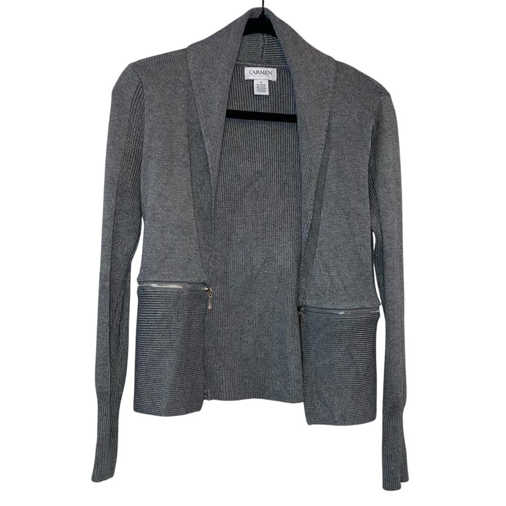 Carmen Marc Valvo Gray Ribbed Knit Cardigan Zip Pocket Open Front Sweater Small